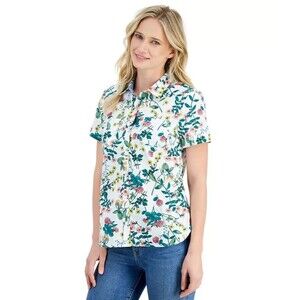 Nautica Jeans Women’s Floral-Print Short-Sleeve Cotton Camp Shirt, Multicolor, M